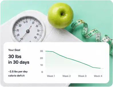 Scale, green apple, measuring tape, and progress chart